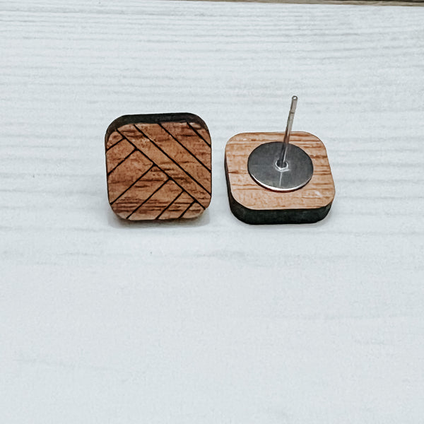 1/2 inch - Rounded Square - Geometric Pattern - Walnut -  Laser Cut Wood Stud - With Ear Nuts - Wholesale Jewelry Supplies