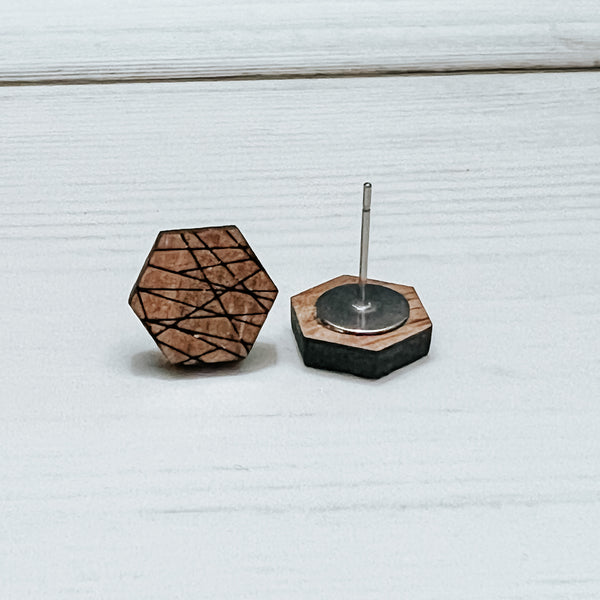 1/2 inch - Hexagon - Geometric Pattern - Walnut -  Laser Cut Wood Stud - With Ear Nuts - Wholesale Jewelry Supplies