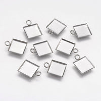 20 or 50 - 10mm - Stainless Steel - Square Bezel Cabochon Pendant Tray - Wholesale