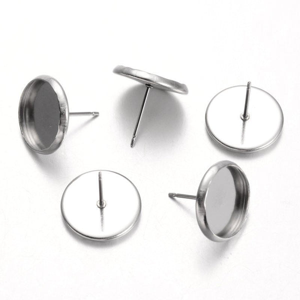 20 or 50 - 12mm - Stainless Steel - Bezel Cabochon Tray - Wholesale Earring Studs- With Ear Nuts