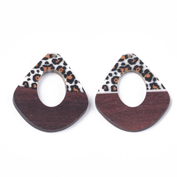 6 Pieces - Leopard and Brown - Resin and Wood - Open Drop Pendant - Wholesale Jewelry Supplies