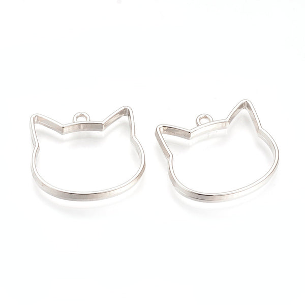 10 Pieces - Open Back Alloy Bezel Pendant - Platinum Color - Cat Shape - For Resin Jewelry - Wholesale Jewelry Supplies - Luna & Grace