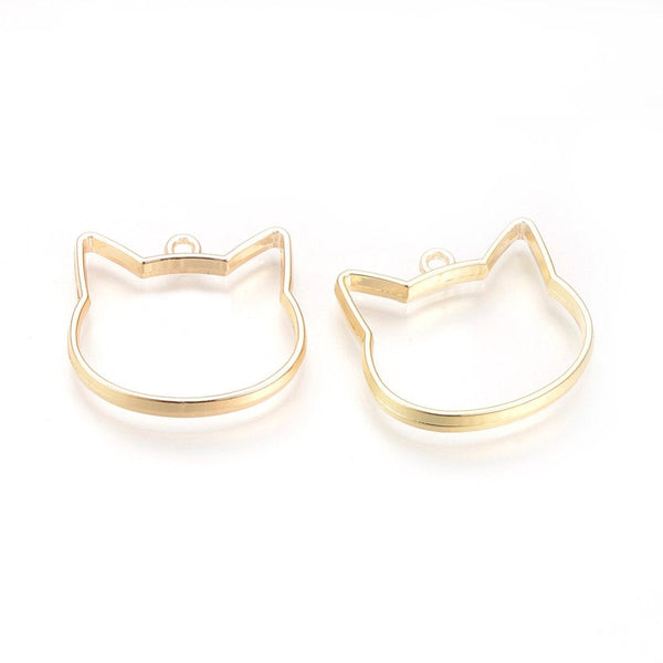 10 Pieces - Open Back Alloy Bezel Pendant - Golden Color - Cat Shape - For Resin Jewelry - Wholesale Jewelry Supplies - Luna & Grace